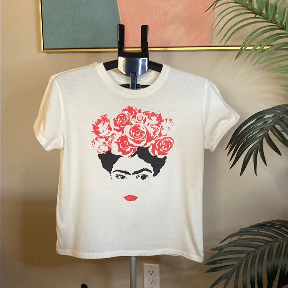 Women's White Graphic Tee with Frida Kahlo Face - Red Floral Design